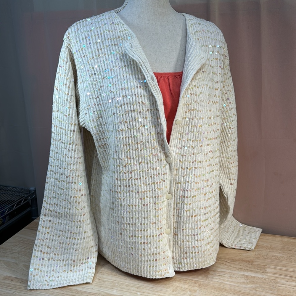 COLDWATER CREEK SEQUINED SCOOP NECK BUTTON UP COZY SWEATER